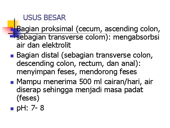 n n USUS BESAR Bagian proksimal (cecum, ascending colon, sebagian transverse colom): mengabsorbsi air