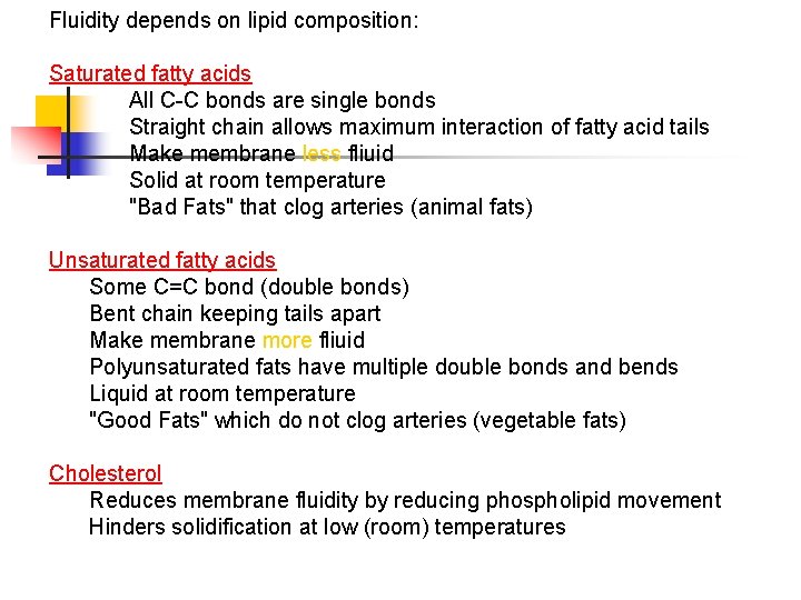 Fluidity depends on lipid composition: Saturated fatty acids All C-C bonds are single bonds