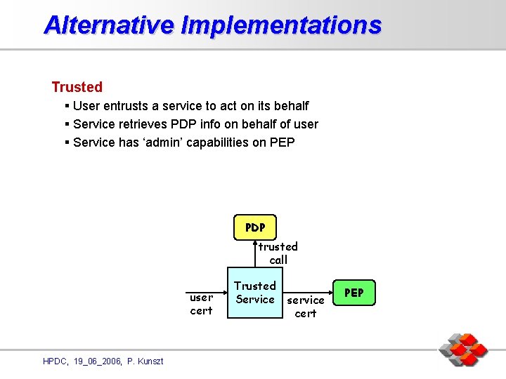 Alternative Implementations Trusted § User entrusts a service to act on its behalf §