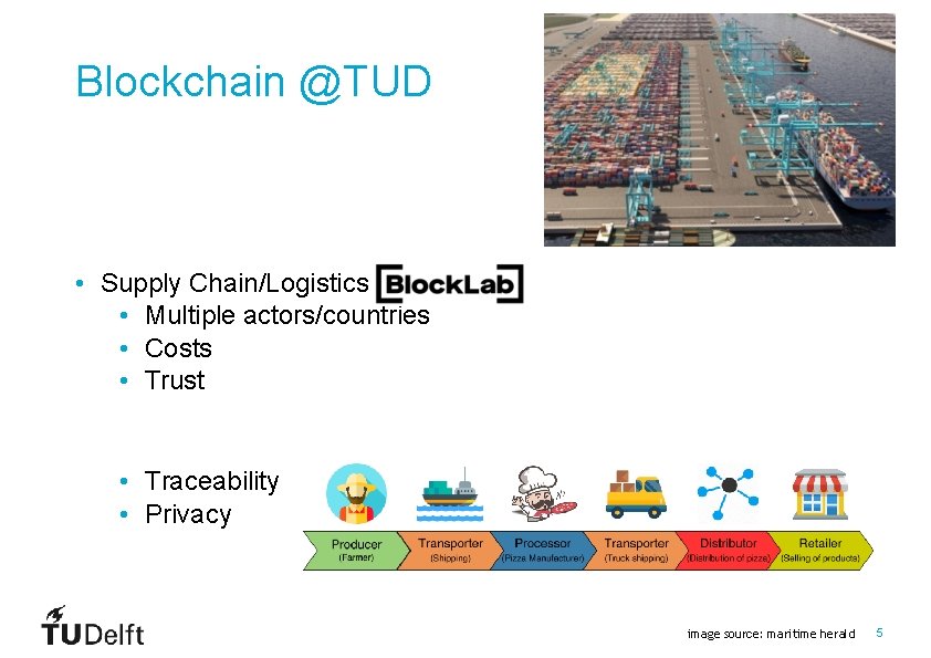 Blockchain @TUD • Supply Chain/Logistics (Block. Lab) • Multiple actors/countries • Costs • Trust