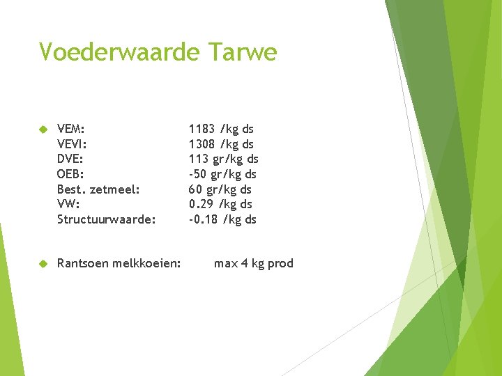 Voederwaarde Tarwe VEM: VEVI: DVE: OEB: Best. zetmeel: VW: Structuurwaarde: Rantsoen melkkoeien: 1183 /kg