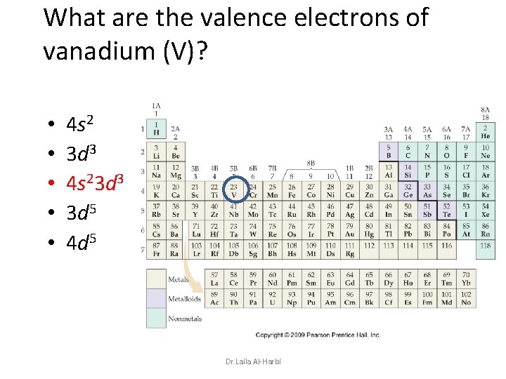 What are the valence electrons of vanadium (V)? • • • 4 s 2