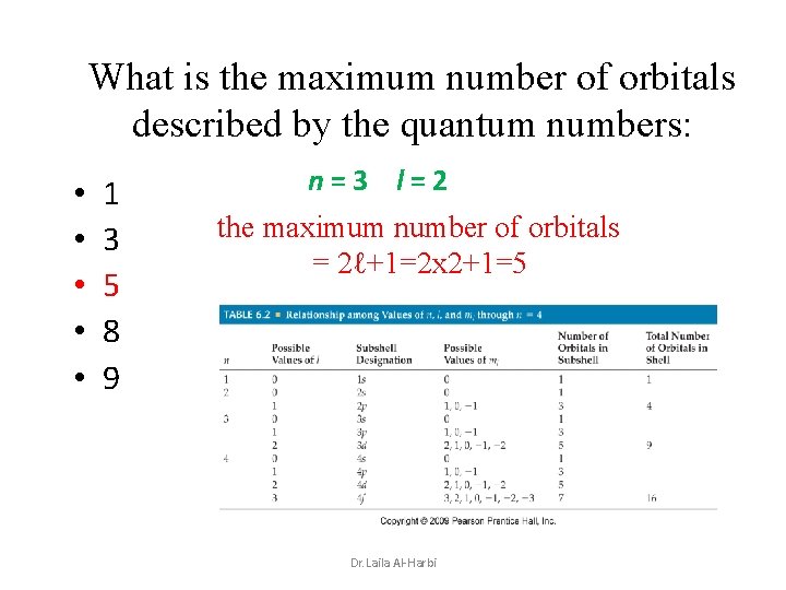 What is the maximum number of orbitals described by the quantum numbers: • •