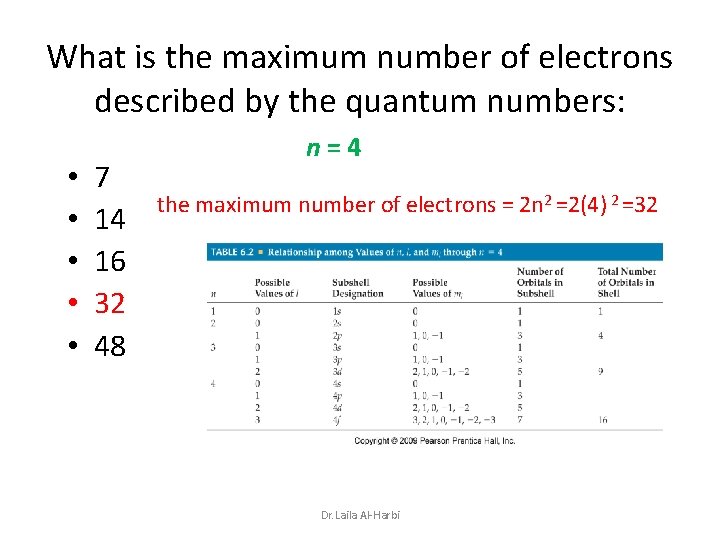 What is the maximum number of electrons described by the quantum numbers: • •