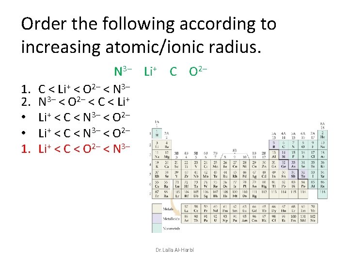 Order the following according to increasing atomic/ionic radius. 1. 2. • • 1. N