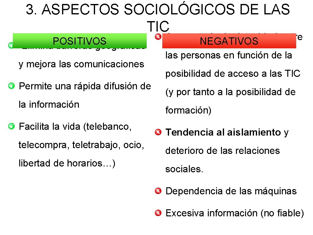 3. ASPECTOS SOCIOLÓGICOS DE LAS TIC Elimina. POSITIVOS barreras geográficas y mejora las comunicaciones