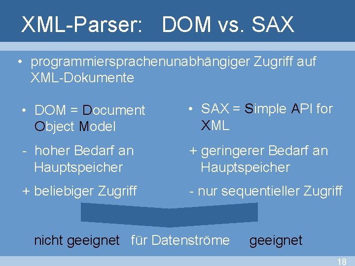 XML-Parser: DOM vs. SAX • programmiersprachenunabhängiger Zugriff auf XML-Dokumente • DOM = Document Object