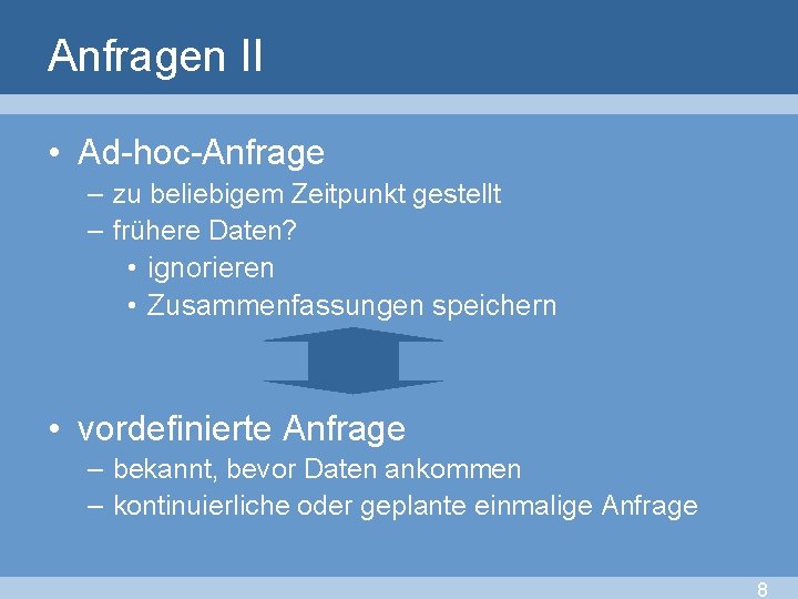 Anfragen II • Ad-hoc-Anfrage – zu beliebigem Zeitpunkt gestellt – frühere Daten? • ignorieren