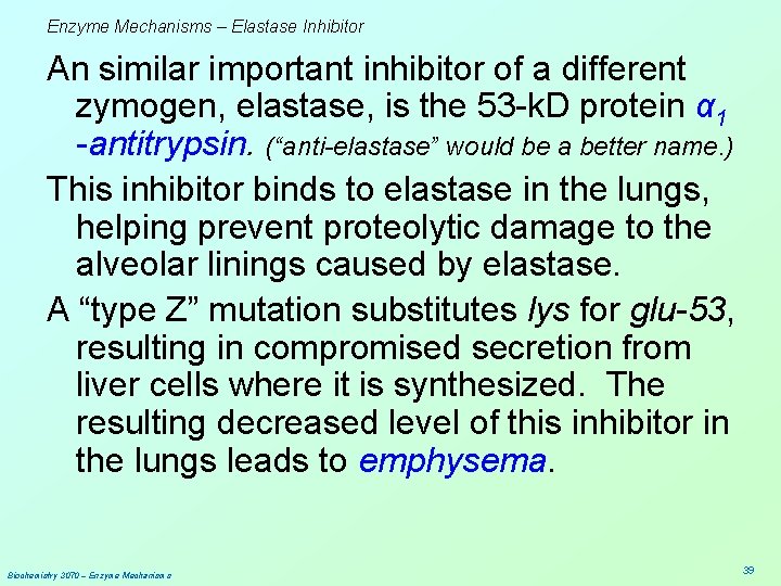 Enzyme Mechanisms – Elastase Inhibitor An similar important inhibitor of a different zymogen, elastase, Enzyme Mechanisms – Elastase Inhibitor An similar important inhibitor of a different zymogen, elastase,
