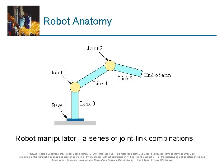 Robot Anatomy Robot manipulator - a series of joint-link combinations © 2008 Pearson Education,