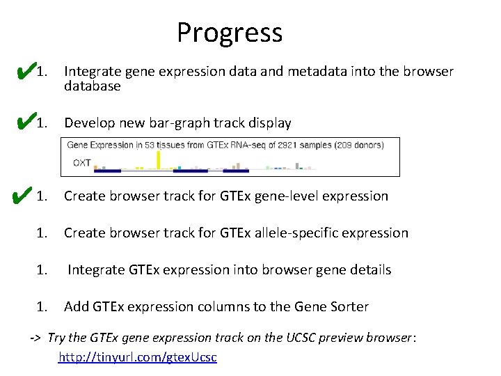 Progress ✔ 1. Integrate gene expression data and metadata into the browser database ✔