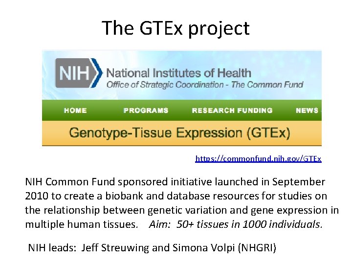 The GTEx project https: //commonfund. nih. gov/GTEx NIH Common Fund sponsored initiative launched in