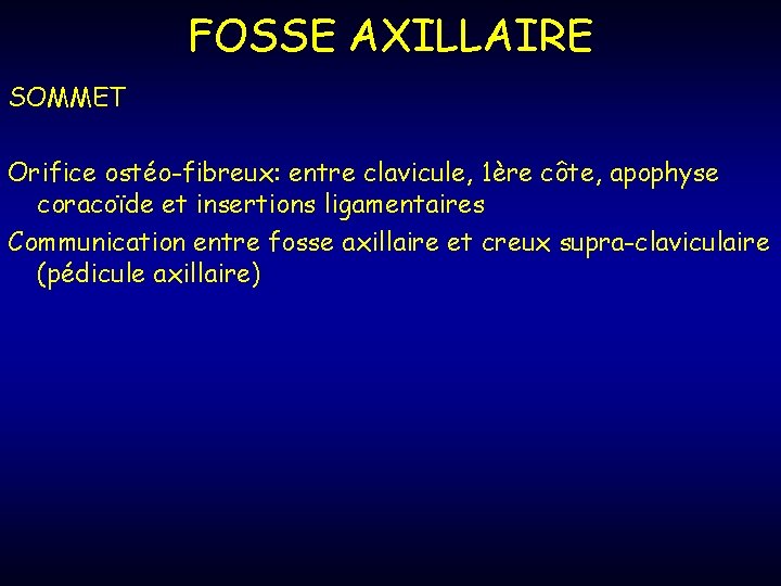 FOSSE AXILLAIRE SOMMET Orifice ostéo-fibreux: entre clavicule, 1ère côte, apophyse coracoïde et insertions ligamentaires