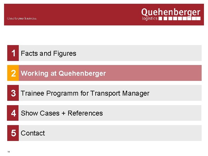 11 1 Facts and Figures 2 Working at Quehenberger 3 Trainee Programm for Transport