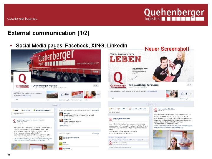 External communication (1/2) § Social Media pages: Facebook, XING, Linked. In 16 Neuer Screenshot!