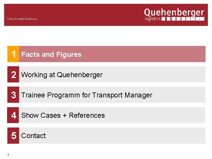 2 1 Facts and Figures 2 Working at Quehenberger 3 Trainee Programm for Transport