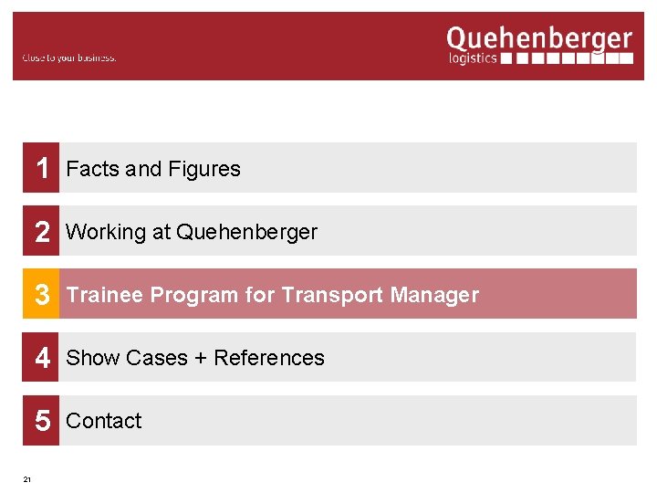 21 1 Facts and Figures 2 Working at Quehenberger 3 Trainee Program for Transport