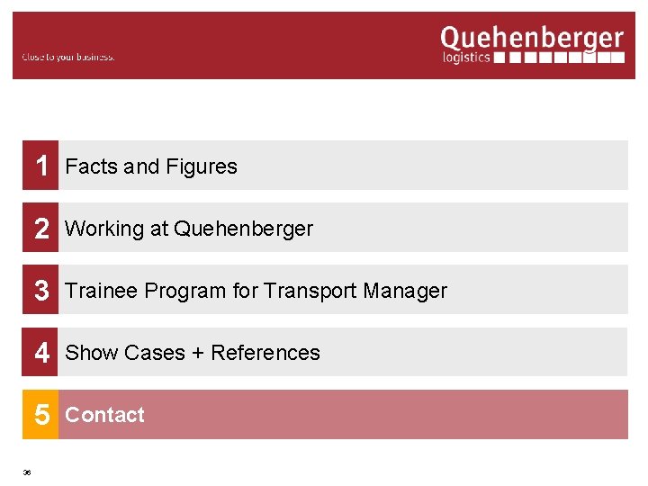 36 1 Facts and Figures 2 Working at Quehenberger 3 Trainee Program for Transport