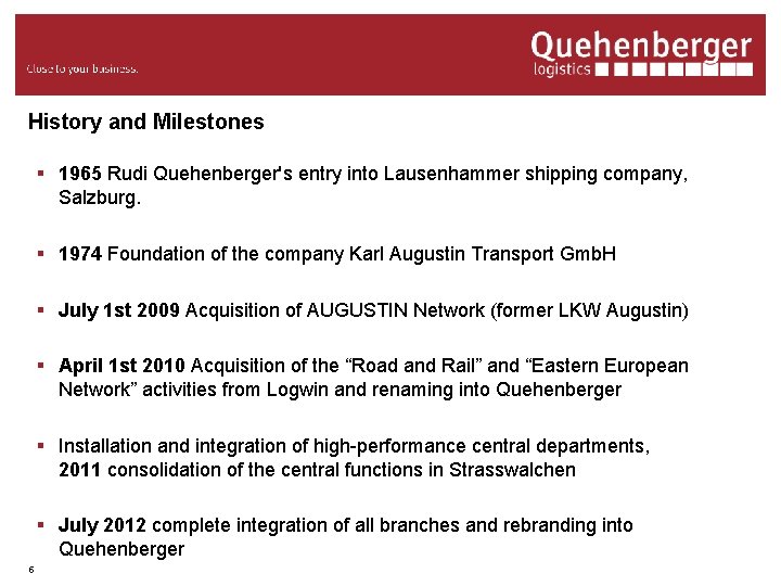 History and Milestones § 1965 Rudi Quehenberger's entry into Lausenhammer shipping company, Salzburg. §