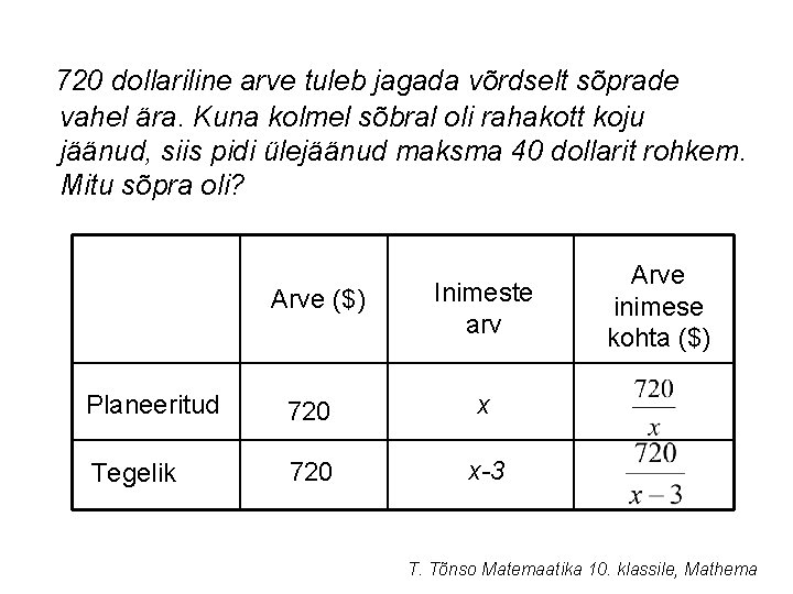 720 dollariline arve tuleb jagada võrdselt sõprade vahel ära. Kuna kolmel sõbral oli rahakott