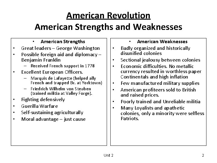 American Revolution American Strengths and Weaknesses • • • American Strengths Great leaders –