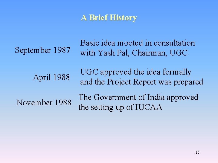 A Brief History September 1987 April 1988 Basic idea mooted in consultation with Yash