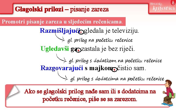 Glagolski prilozi – pisanje zareza Promotri pisanje zareza u sljedećim rečenicama. Razmišljajući, gledala je