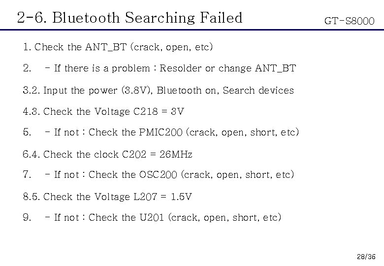2 -6. Bluetooth Searching Failed GT-S 8000 1. Check the ANT_BT (crack, open, etc)