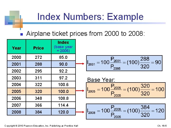 Index Numbers: Example n Airplane ticket prices from 2000 to 2008: Index Year Price