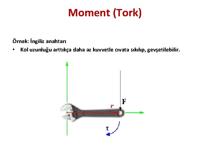 Moment (Tork) Örnek: İngiliz anahtarı • Kol uzunluğu arttıkça daha az kuvvetle cıvata sıkılıp,
