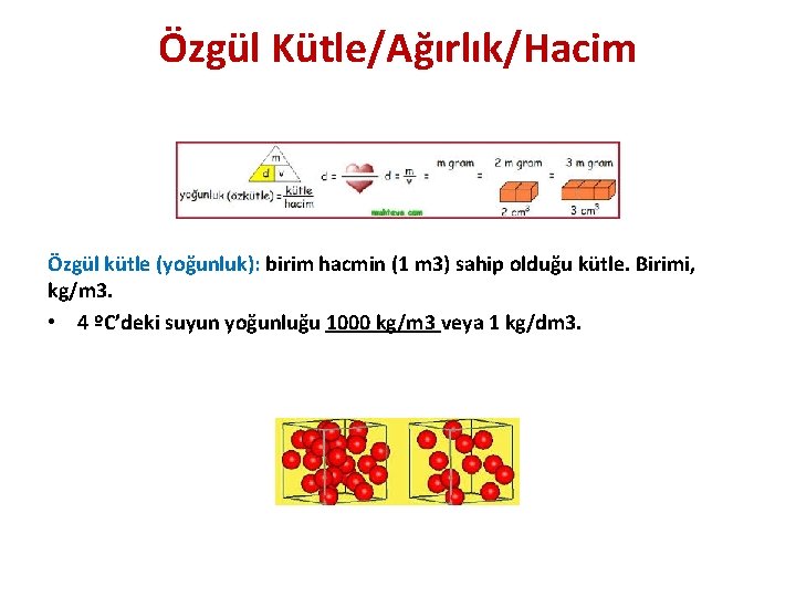 Özgül Kütle/Ağırlık/Hacim Özgül kütle (yoğunluk): birim hacmin (1 m 3) sahip olduğu kütle. Birimi,