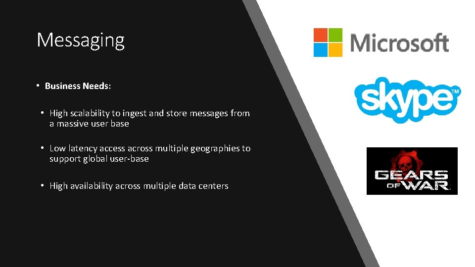 Messaging • Business Needs: • High scalability to ingest and store messages from a
