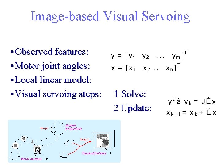 Image-based Visual Servoing • Observed features: • Motor joint angles: • Local linear model: