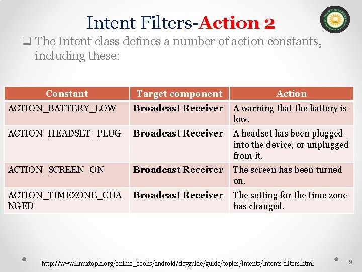 Intent Filters-Action 2 q The Intent class defines a number of action constants, including