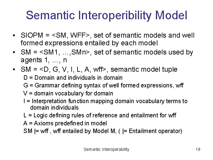 Semantic Interoperibility Model • SIOPM = <SM, WFF>, set of semantic models and well