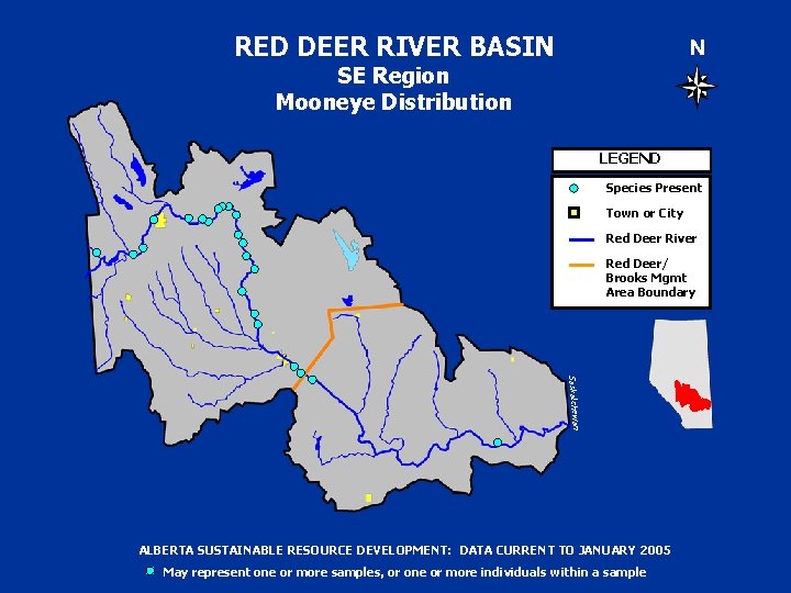 RED DEER RIVER BASIN N SE Region Mooneye Distribution LEGEND Species Present Town or