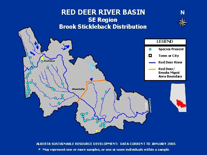 RED DEER RIVER BASIN N SE Region Brook Stickleback Distribution LEGEND Species Present Town