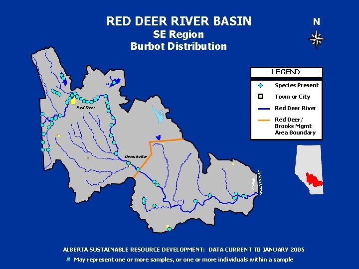 RED DEER RIVER BASIN N SE Region Burbot Distribution LEGEND Species Present Town or