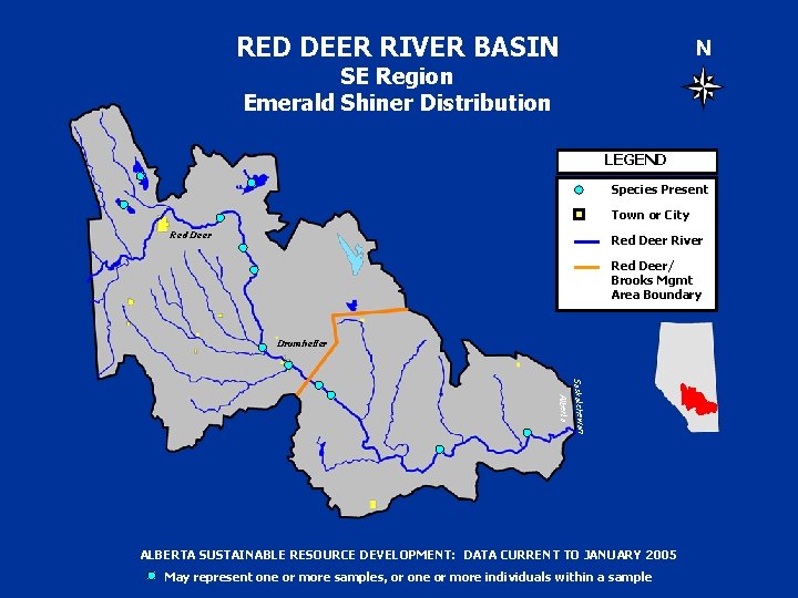 RED DEER RIVER BASIN N SE Region Emerald Shiner Distribution LEGEND Species Present Town
