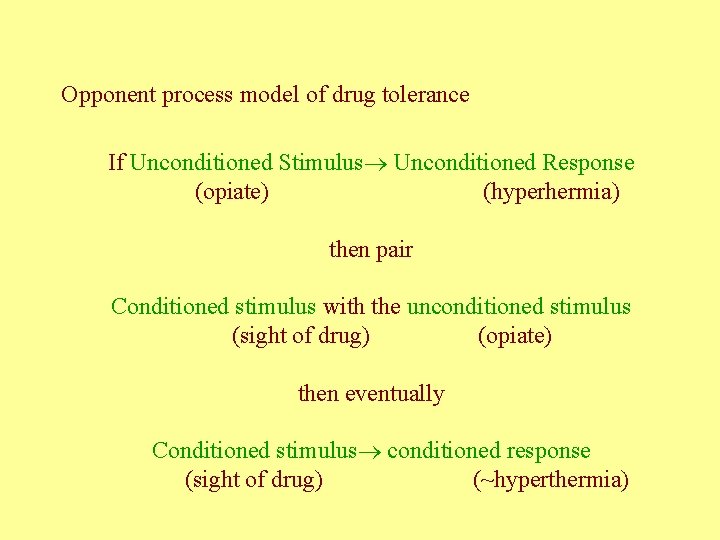 Opponent process model of drug tolerance If Unconditioned Stimulus Unconditioned Response (opiate) (hyperhermia) then