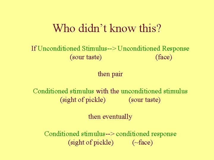 Who didn’t know this? If Unconditioned Stimulus--> Unconditioned Response (sour taste) (face) then pair