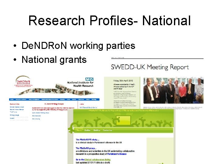 Research Profiles- National • De. NDRo. N working parties • National grants 