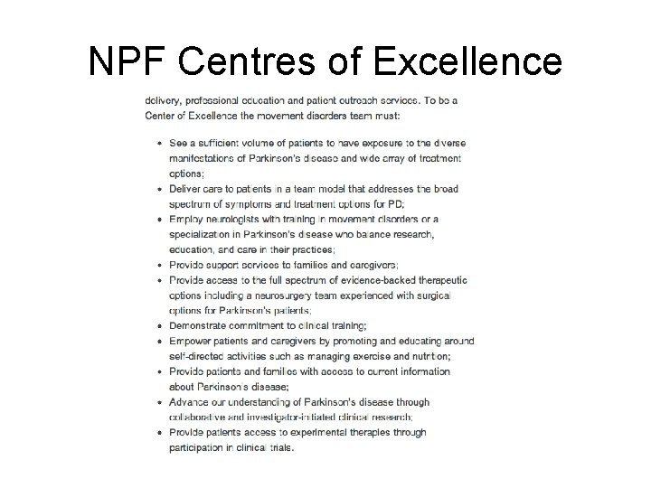 NPF Centres of Excellence 