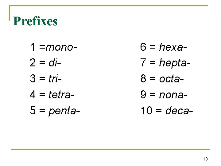 Prefixes 1 =mono 2 = di 3 = tri 4 = tetra 5 =