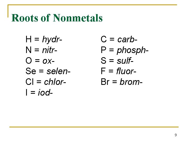 Roots of Nonmetals H = hydr. N = nitr. O = ox. Se = Roots of Nonmetals H = hydr. N = nitr. O = ox. Se =
