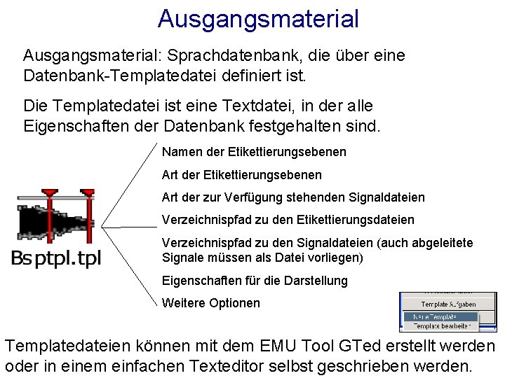 Ausgangsmaterial: Sprachdatenbank, die über eine Datenbank-Templatedatei definiert ist. Die Templatedatei ist eine Textdatei, in