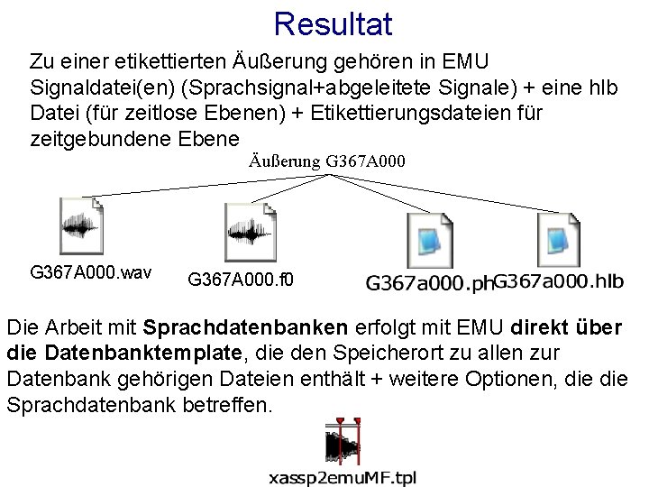 Resultat Zu einer etikettierten Äußerung gehören in EMU Signaldatei(en) (Sprachsignal+abgeleitete Signale) + eine hlb