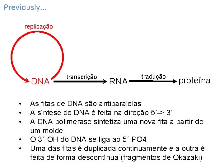 Previously. . . replicação DNA • • • transcrição RNA tradução proteína As fitas