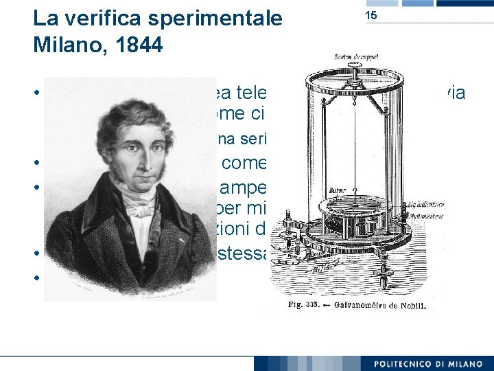 La verifica sperimentale Milano, 1844 15 • Venne usata la linea telegrafica lungo la