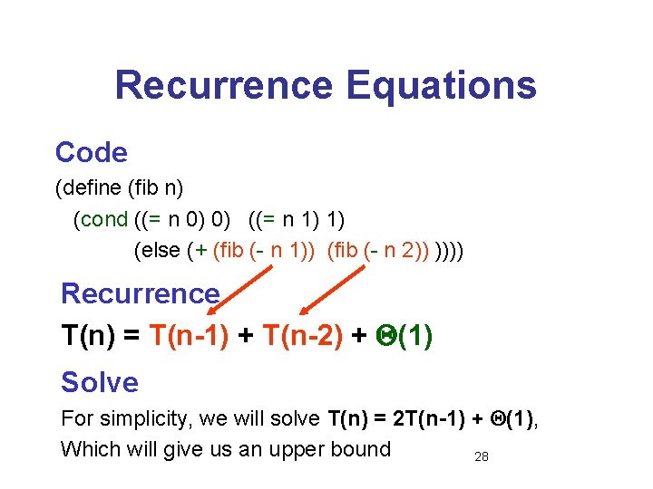 Recurrence Equations Code (define (fib n) (cond ((= n 0) 0) ((= n 1)